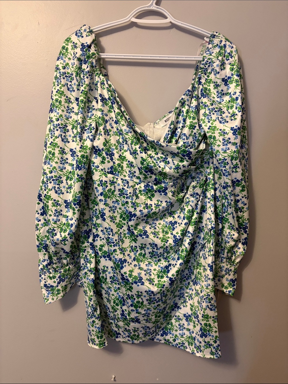 Missguided floral polyester faux wrap dress in green blue and white